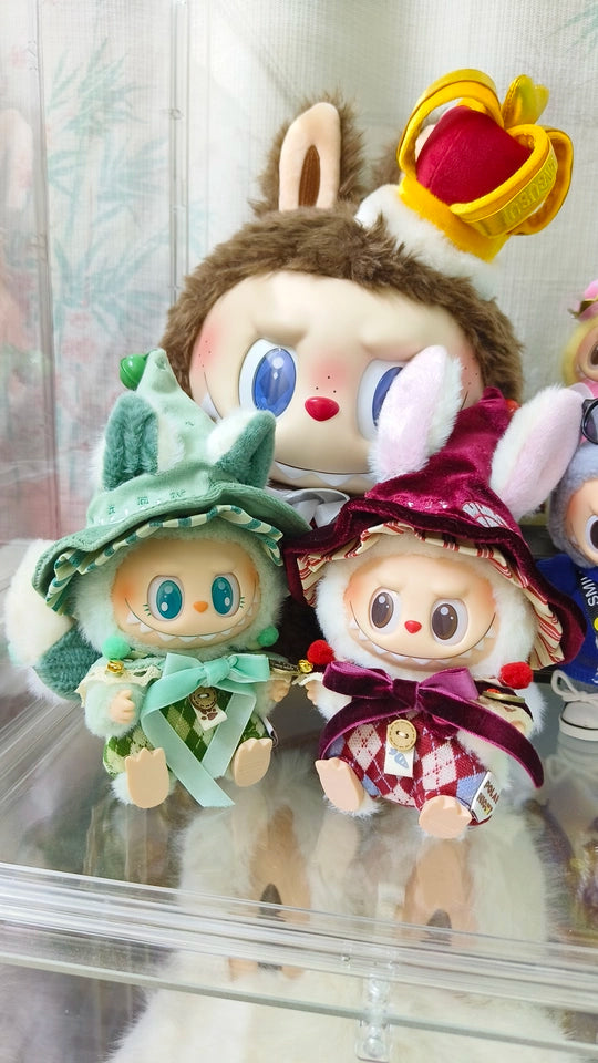 Adorable Red Magical Bunny with wizard features, radiating charm and playful magic. Custom styles for Exciting Macaron, Big into Energy, and Have a Sit. With green cat wizard