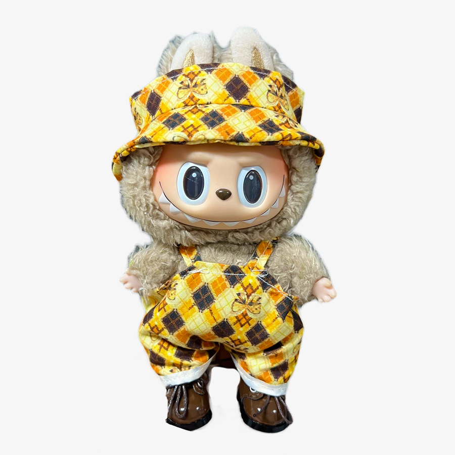 Labubu wearing a handmade Yellow Harvest Outfit — bright, cheerful, and seasonal clothing for collectible designer toys. Custom styles for Exciting Macaron, Big into Energy, and Have a Sit.