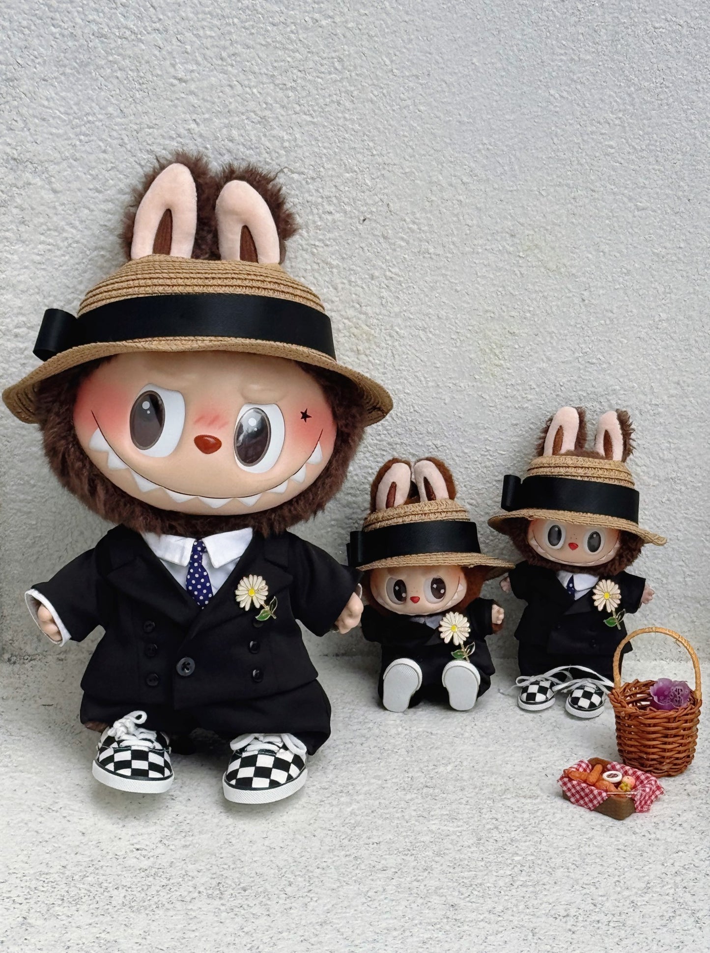 Labubu wearing a handmade G-Dragon inspired outfit – bold K-pop streetwear style with detailed accessories. Photo Zimomo with same outfit.
