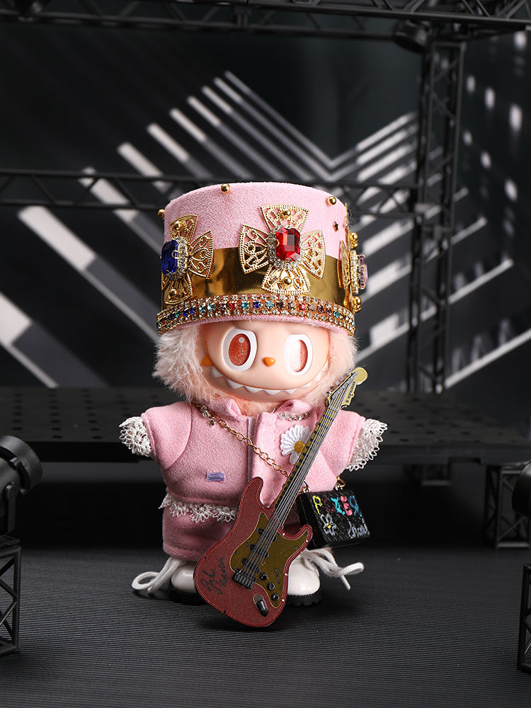 Labubu wearing a handmade G-Dragon inspired outfit – bold K-pop streetwear style with detailed accessories. Custom styles for Exciting Macaron, Big into Energy, and Have a Sit. Pink Outfit at 2024 MAMA on stage.