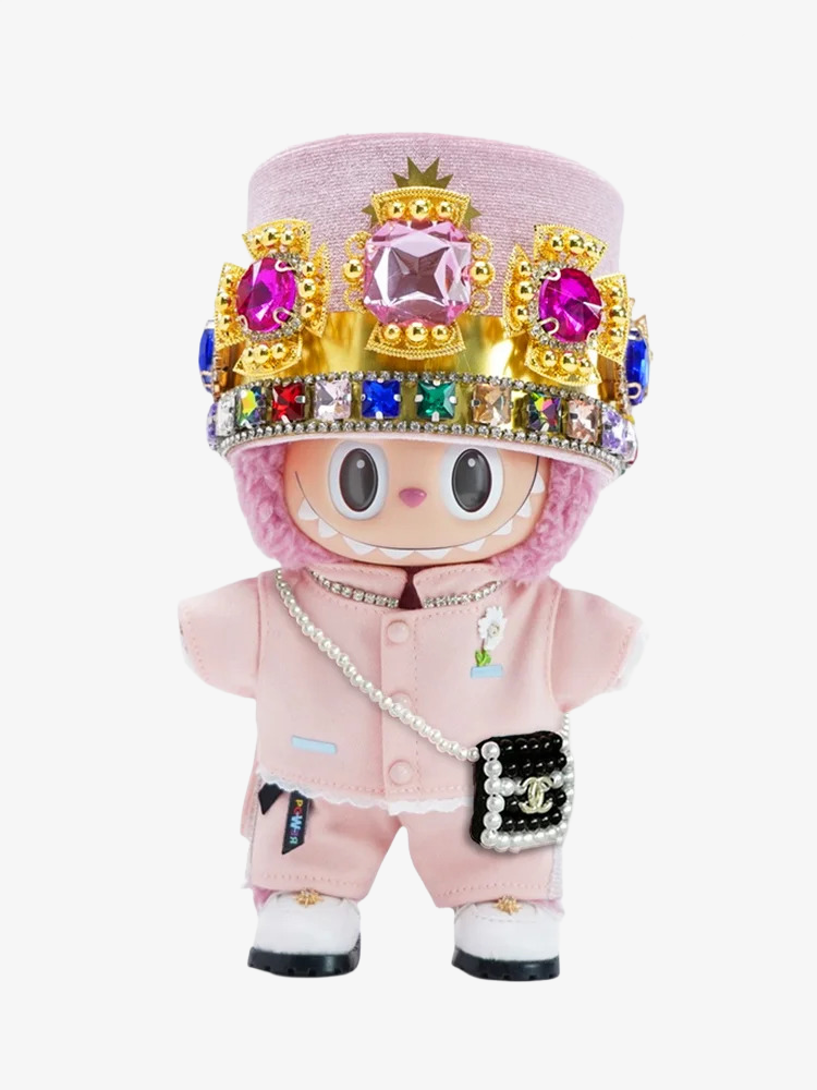 Labubu wearing a handmade G-Dragon inspired outfit – bold K-pop streetwear style with detailed accessories. Pink Outfit at 2024 MAMA. Front view. Custom styles for Exciting Macaron, Big into Energy, and Have a Sit.