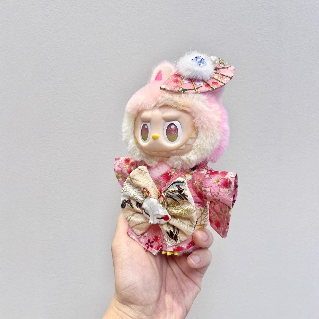 Handcrafted LABUBU Japanese Sakura Kimono — elegant, detailed, and perfect for collectors who love unique designer toy fashion. Custom styles for Exciting Macaron, Big into Energy, and Have a Sit. Side view 3.