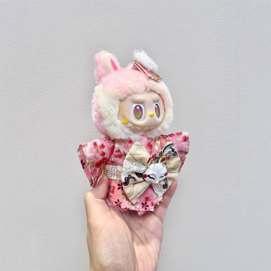 Handcrafted LABUBU Japanese Sakura Kimono — elegant, detailed, and perfect for collectors who love unique designer toy fashion. Custom styles for Exciting Macaron, Big into Energy, and Have a Sit. Side view 2.