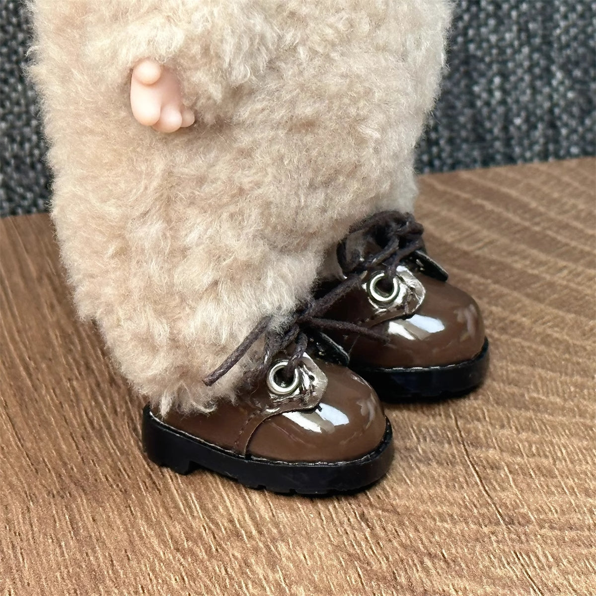 Handmade designer clothes for Labubu figures from The Monsters series – custom styles for Exciting Macaron, Big into Energy, and Have a Sit. On feet.