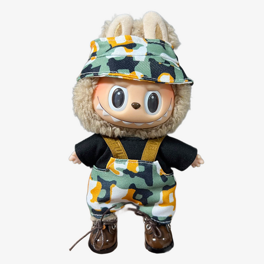 Labubu wearing a handmade Mini Recon Outfit — military-style clothing with tactical accessories, perfect for collectible designer toys. Custom styles for Exciting Macaron, Big into Energy, and Have a Sit.