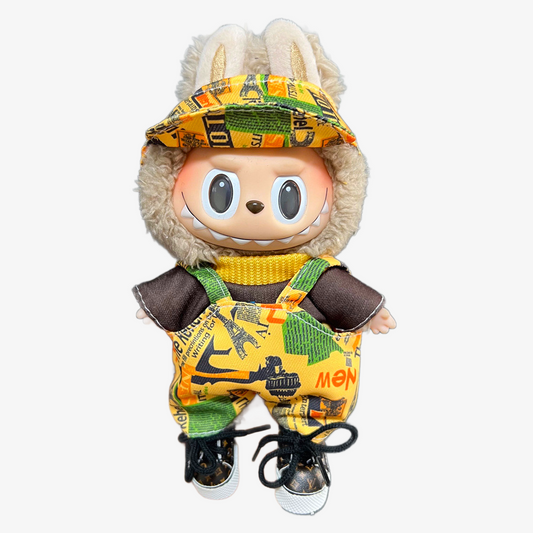 Labubu wearing a handmade Neon News Bubbu outfit — vibrant streetwear look with neon details and press-inspired style for collectible toys. Custom styles for Exciting Macaron, Big into Energy, and Have a Sit.