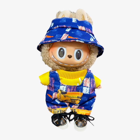 Labubu wearing a handmade Electric Canvas Outfit — bold, colorful design inspired by artistic streetwear for collectible art toys. Custom styles for Exciting Macaron, Big into Energy, and Have a Sit.