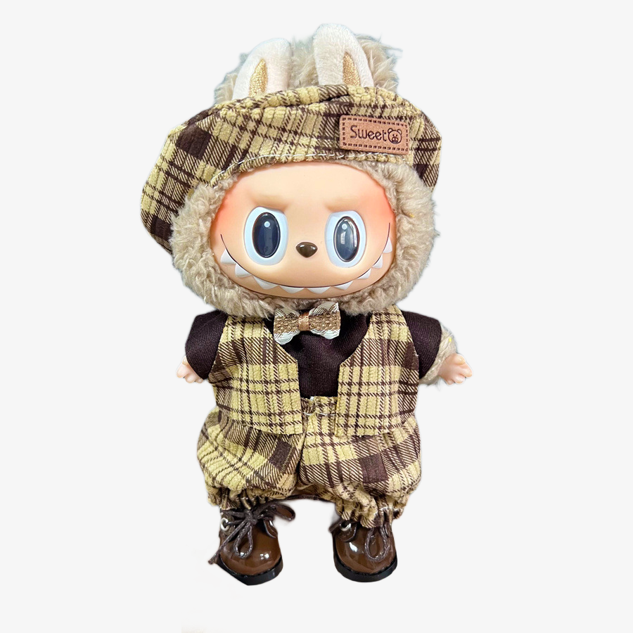Labubu wearing a handmade Sherbear Holmes detective outfit — classic mystery-inspired clothes for collectible designer toys. Custom styles for Exciting Macaron, Big into Energy, and Have a Sit.