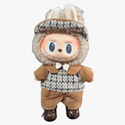 Labubu wearing a handmade Gentle Mocha Cub outfit — soft, cozy style perfect for collectible designer toys. Custom styles for Exciting Macaron, Big into Energy, and Have a Sit.