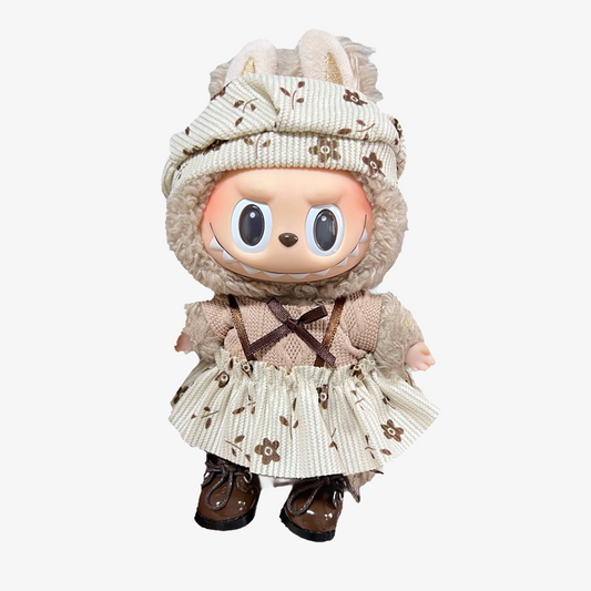 Labubu wearing a handmade Blossom Picnic Set — floral-patterned clothing with soft, spring-inspired colors for collectible designer toys. Custom styles for Exciting Macaron, Big into Energy, and Have a Sit.