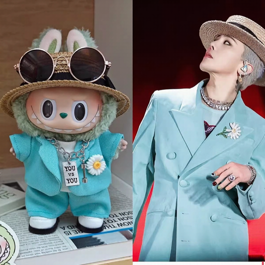 Labubu wearing a handmade G-Dragon inspired outfit – bold K-pop streetwear style with detailed accessories. Custom styles for Exciting Macaron, Big into Energy, and Have a Sit. Blue Mint Outfit. Photo with G-Dragon