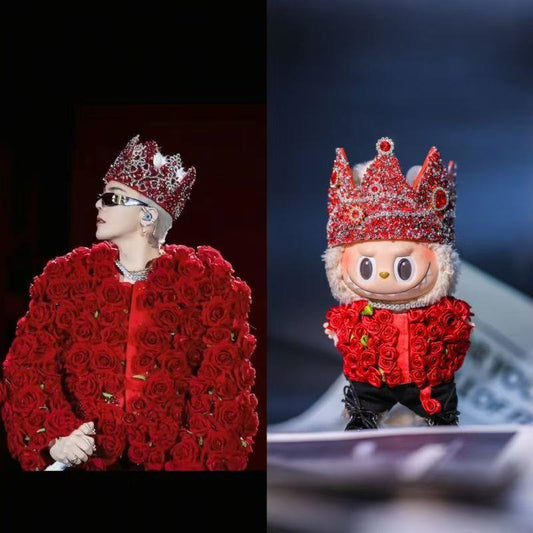 Labubu wearing a handmade G-Dragon inspired outfit – bold K-pop streetwear style with detailed accessories. Red Rose and Crown. Photo with G-Dragon.