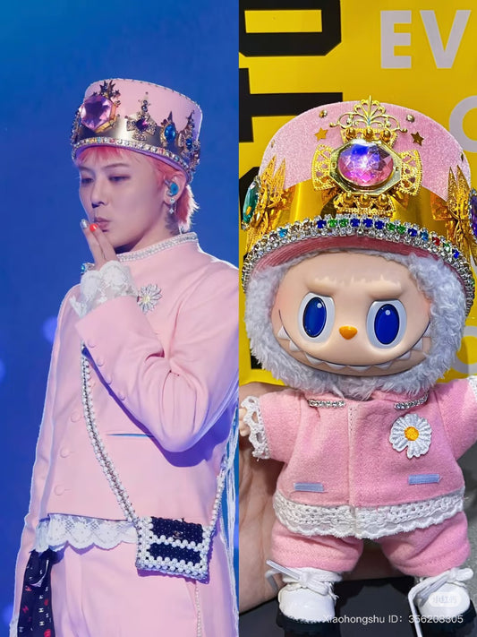 Labubu wearing a handmade G-Dragon inspired outfit – bold K-pop streetwear style with detailed accessories. Custom styles for Exciting Macaron, Big into Energy, and Have a Sit. Pink Outfit at 2024 Mama.