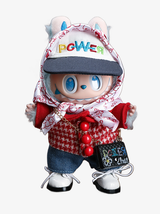 Labubu in a G-Dragon inspired outfit with stylish cap and patterned headscarf – bold K-pop streetwear look. Front view.
