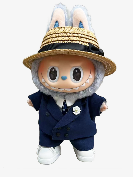 Labubu wearing a handmade G-Dragon inspired outfit – bold K-pop streetwear style with detailed accessories. Front View.