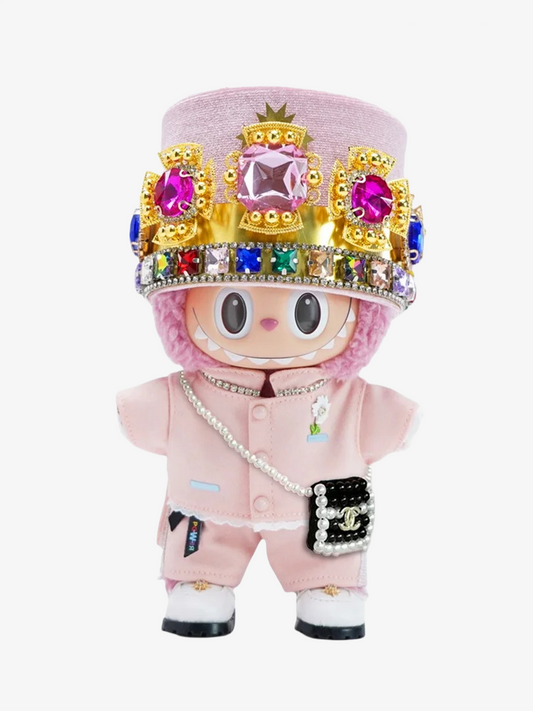 Labubu wearing a handmade G-Dragon inspired outfit – bold K-pop streetwear style with detailed accessories. Pink Outfit at 2024 MAMA. Front view. Custom styles for Exciting Macaron, Big into Energy, and Have a Sit.