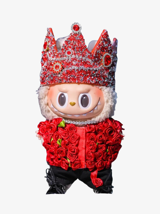 Labubu wearing a handmade G-Dragon inspired outfit – bold K-pop streetwear style with detailed accessories. With Red Rose and Crown. Front view.