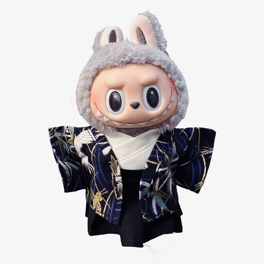 Handcrafted LABUBU Japanese Blue Cloud Crane Kimono — elegant, detailed, and perfect for collectors who love unique designer toy fashion. Custom styles for Exciting Macaron, Big into Energy, and Have a Sit. Front view.